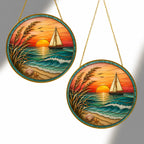 [ PIXIWOO] Stained Glass Suncatcher Sunset Sailboat Window Hanging Decor, Ocean Beach Acrylic Ornament, Coastal Beach House Wall Art, Nautical Sea Waves Sun Catcher Gift for Ocean Lovers