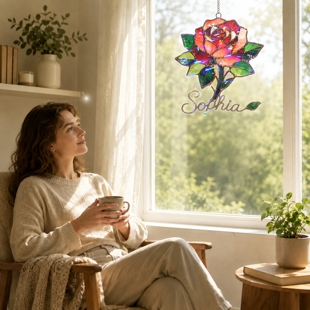 Personalized Red Rose Holographic Acrylic Suncatcher