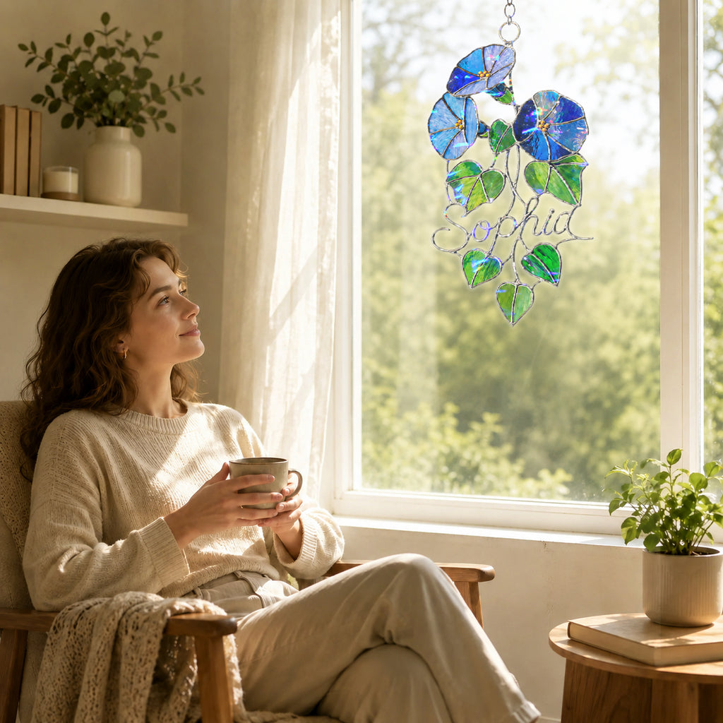 Personalized Blue Morning Glory Holographic Acrylic Suncatcher