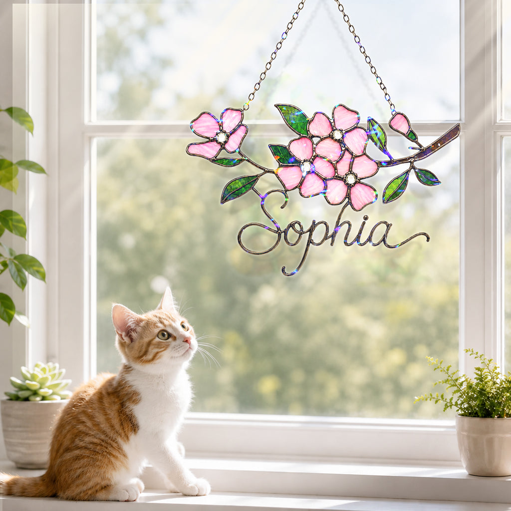 Personalized Pink Cherry Blossom Branch Holographic Acrylic Suncatcher