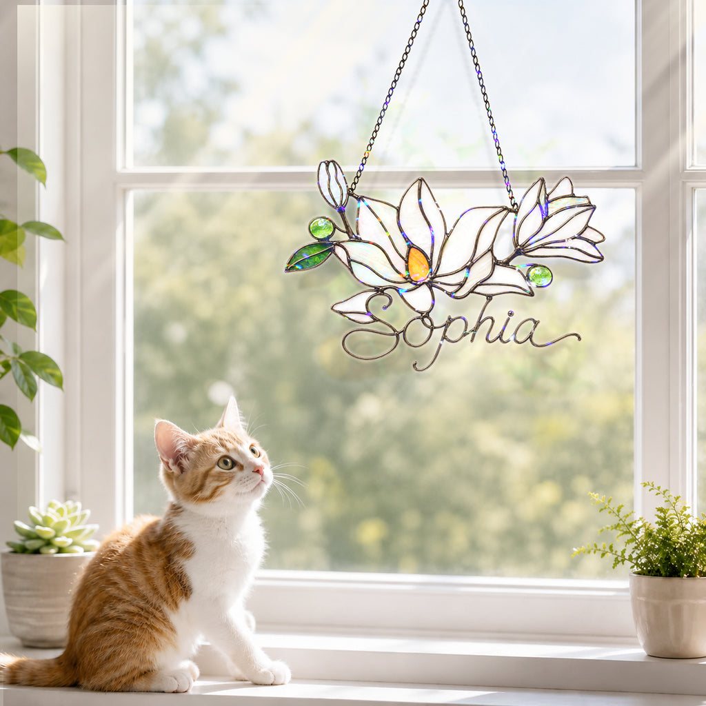 Personalized White Magnolia Branch Holographic Acrylic Suncatcher