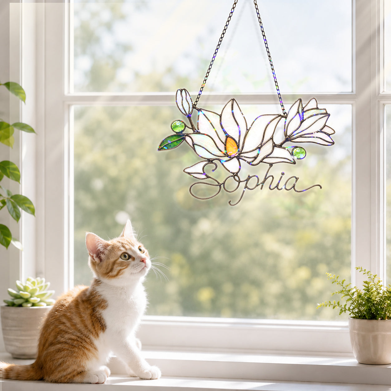 Personalized White Magnolia Branch Holographic Acrylic Suncatcher