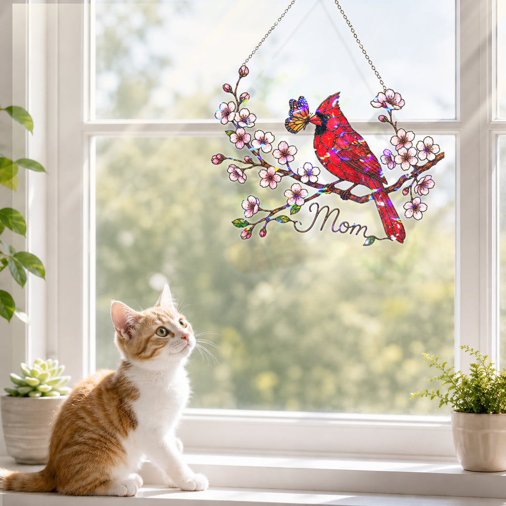 Personalized Cardinal & Cherry Blossom Holographic Acrylic Suncatcher