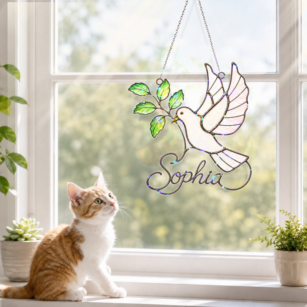 Personalized White Dove & Olive Branch Holographic Acrylic Suncatcher