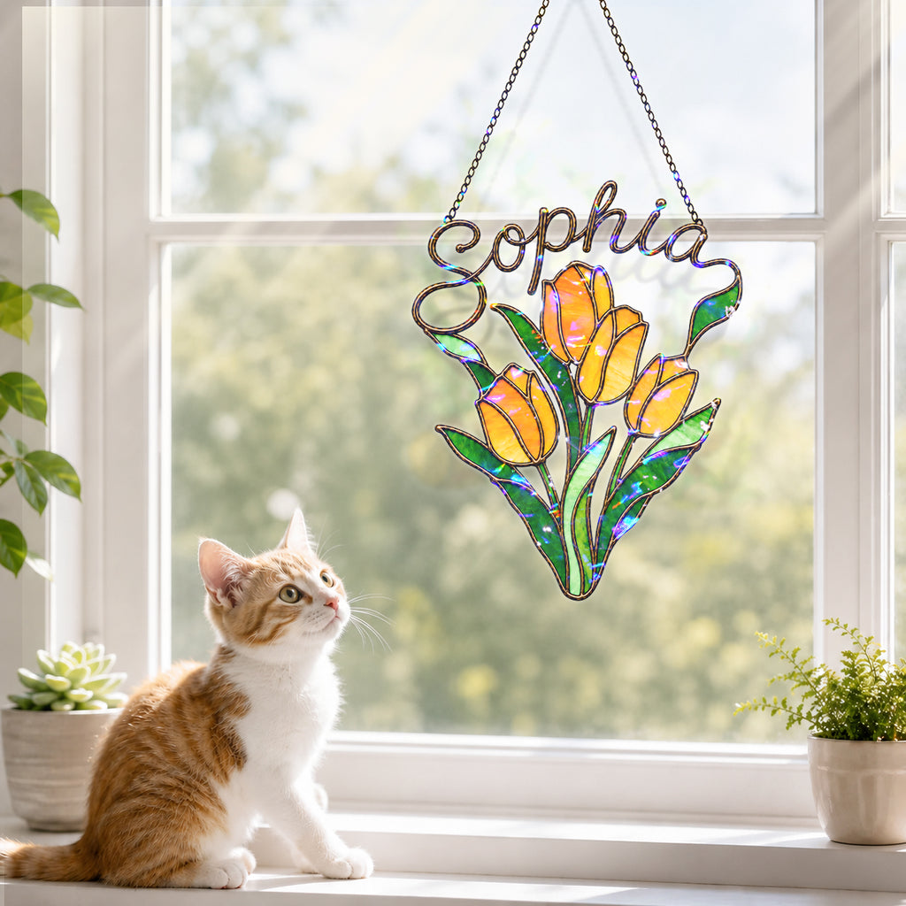 Personalized Yellow Tulip Bouquet Holographic Acrylic Suncatcher