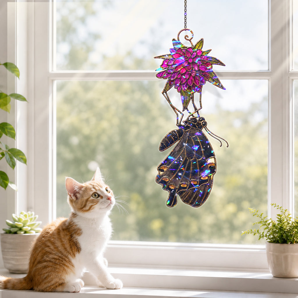 Black Swallowtail & Purple Dahlia Holographic Acrylic Suncatcher