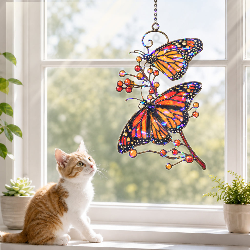 Monarch Butterflies & Berry Branch Holographic Acrylic Suncatcher