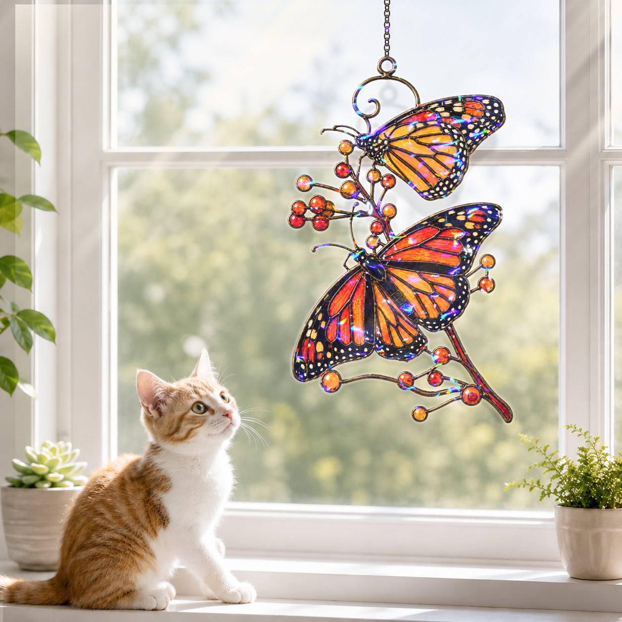 Monarch Butterflies & Berry Branch Holographic Acrylic Suncatcher