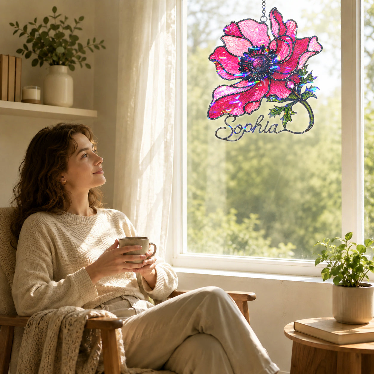 Personalized Pink Anemone Flower Holographic Acrylic Suncatcher