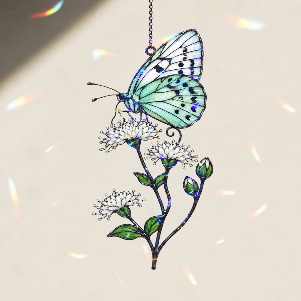 Mint Butterfly & White Blossom Holographic Acrylic Suncatcher