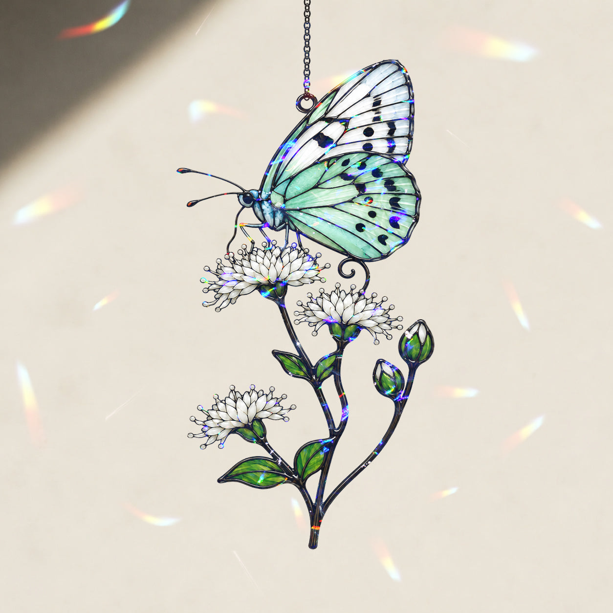 Mint Butterfly & White Blossom Holographic Acrylic Suncatcher