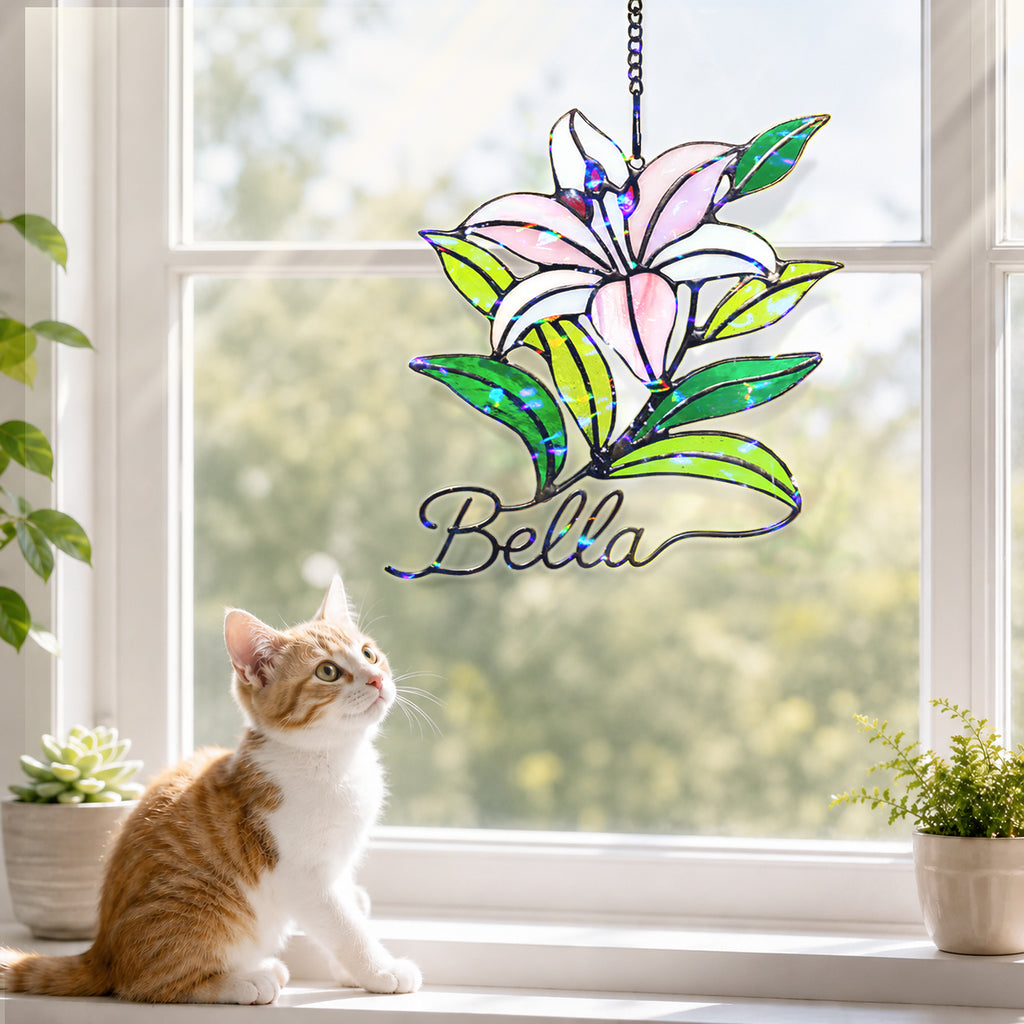 Personalized Pink Lily Flower Holographic Acrylic Suncatcher