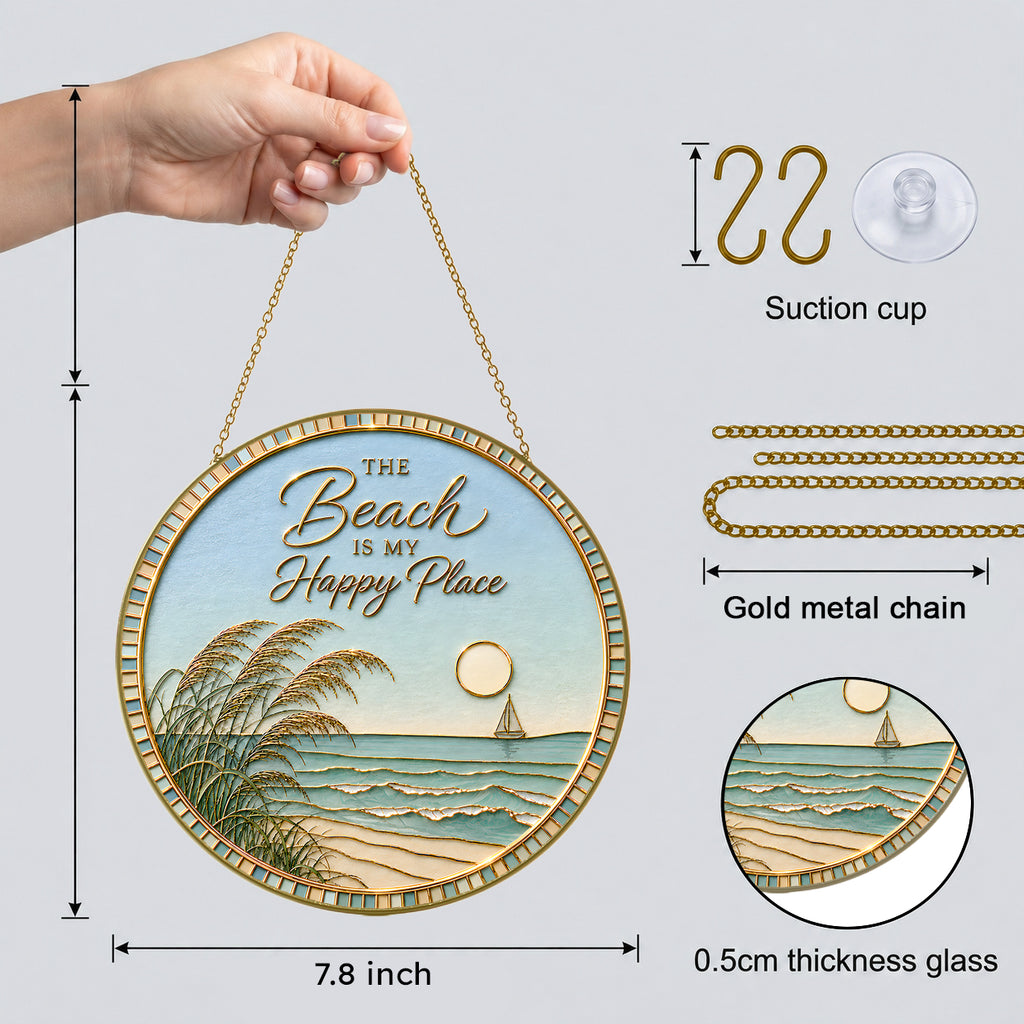 [PIXIWOO] Stained Glass Suncatcher Beach Window Hanging Decor, The Beach Is My Happy Place Ocean Acrylic Ornament, Coastal Wall Art, Beach House Sun Catcher Gift for Ocean Lovers