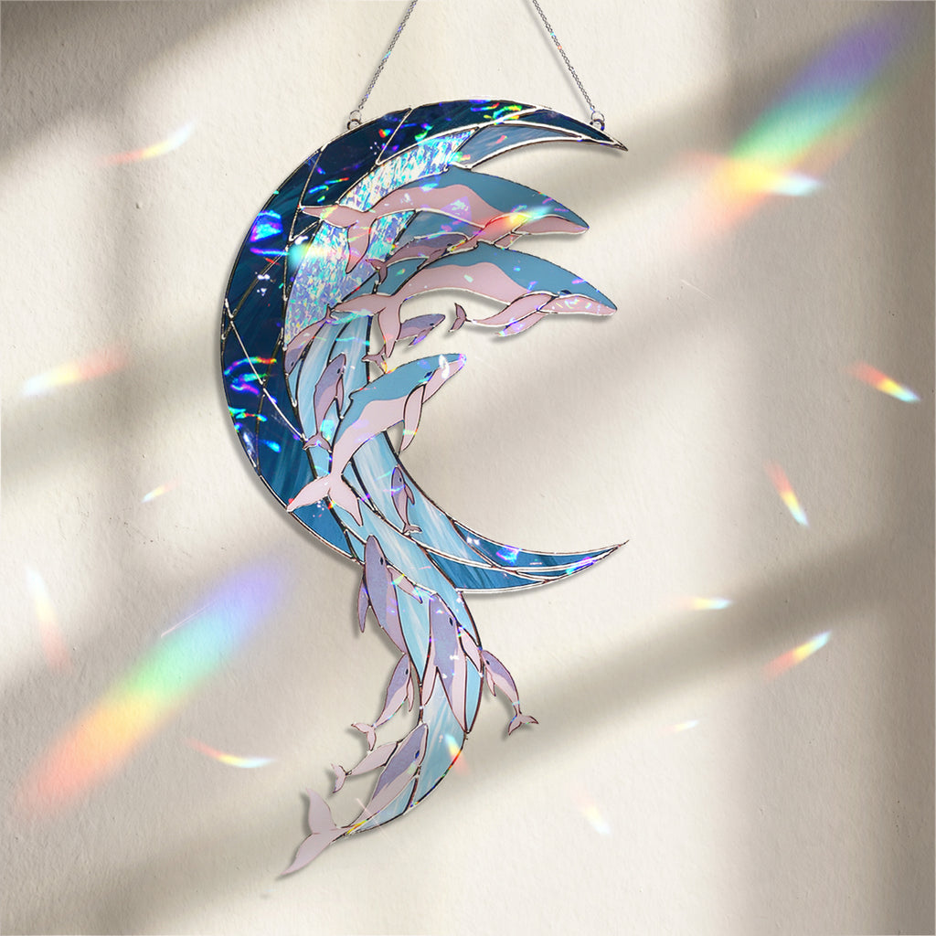 Whale Pod Crescent Moon Holographic Acrylic Suncatcher