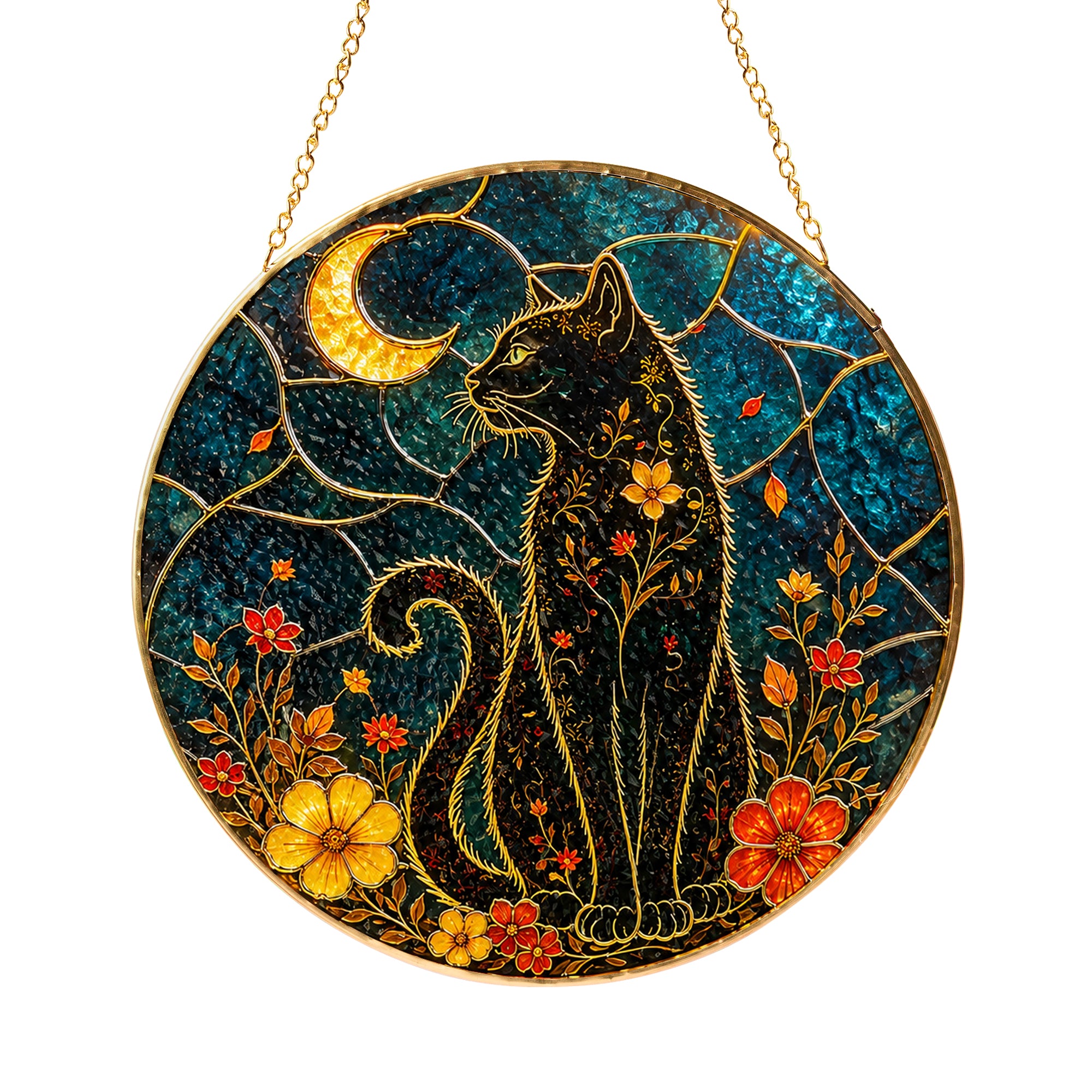 Black cat crescent moon stained glass suncatcher glowing with sunlight through the glass