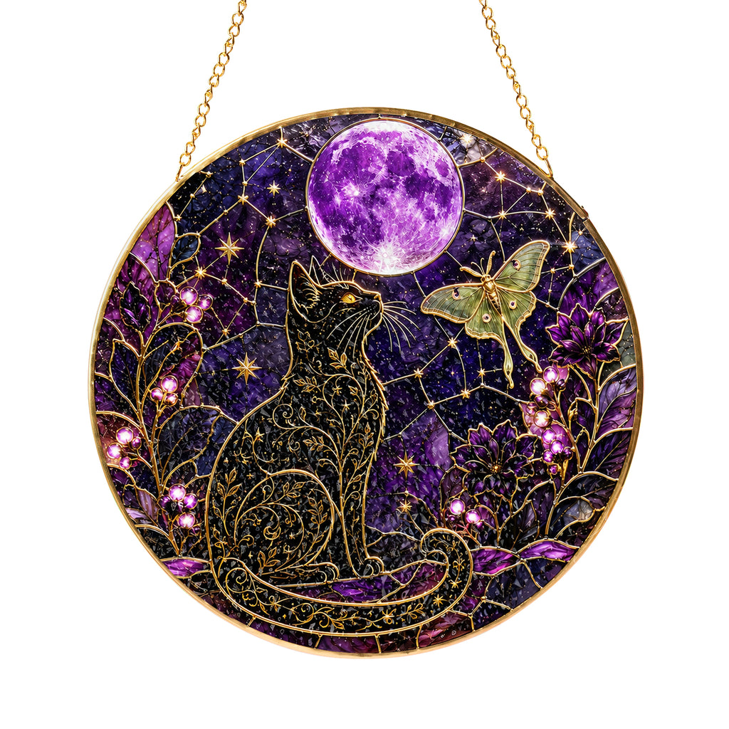 Celestial cat and purple moon stained glass suncatcher glowing with sunlight through the glass