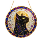 Mystical cat moon mandala stained glass suncatcher glowing with sunlight through the glass