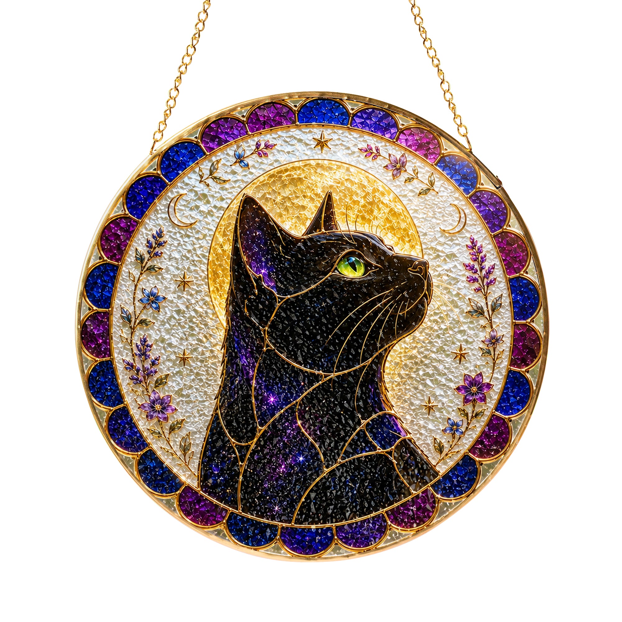 Mystical cat moon mandala stained glass suncatcher glowing with sunlight through the glass