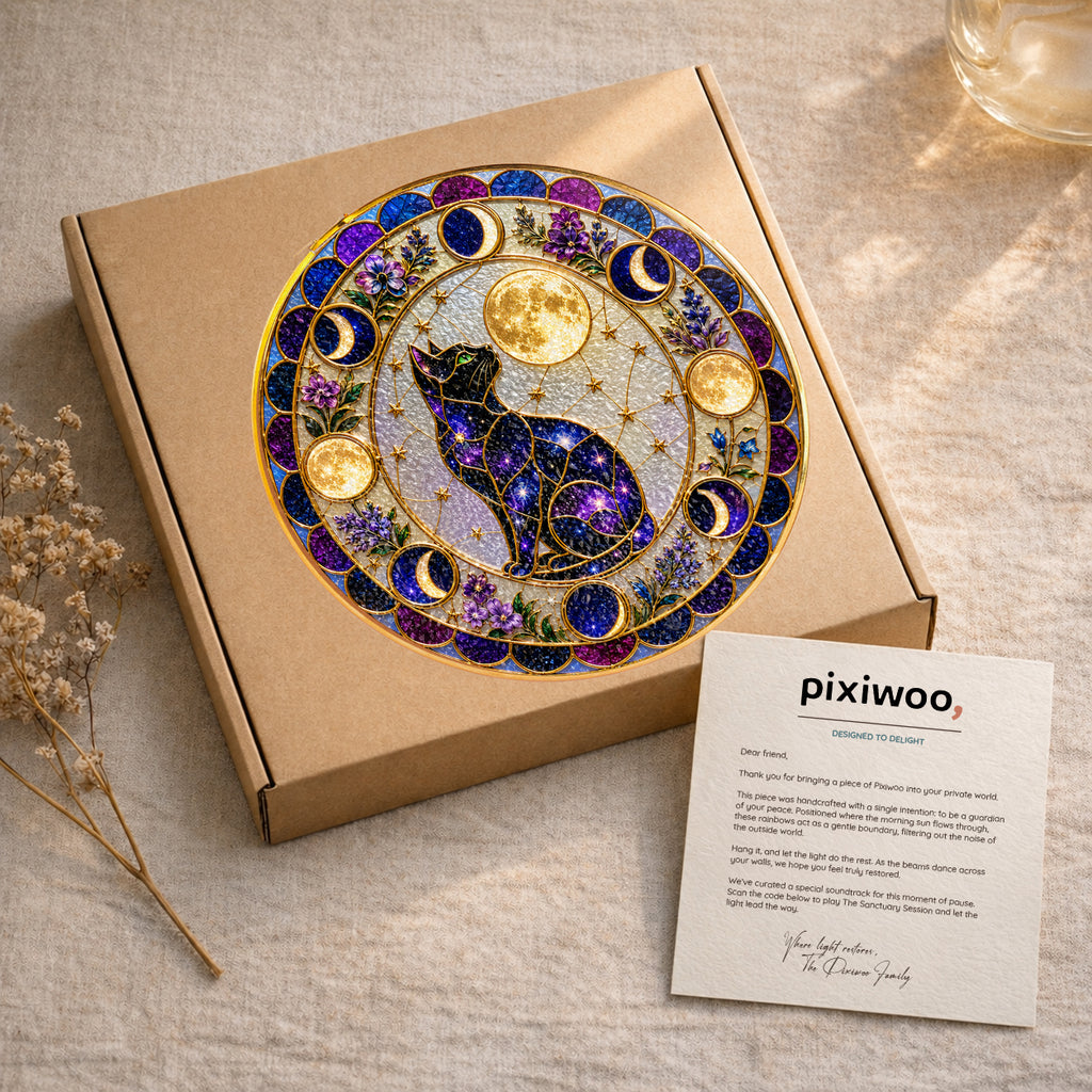 Galaxy cat moon phases stained glass suncatcher glowing with sunlight through the glass