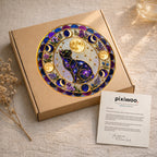 Galaxy cat moon phases stained glass suncatcher glowing with sunlight through the glass