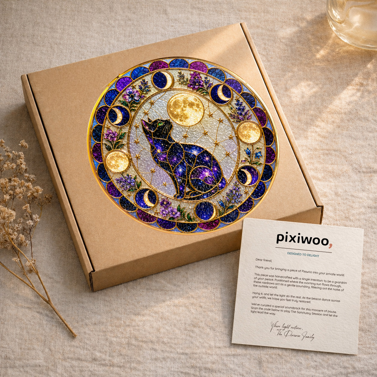 Galaxy cat moon phases stained glass suncatcher glowing with sunlight through the glass