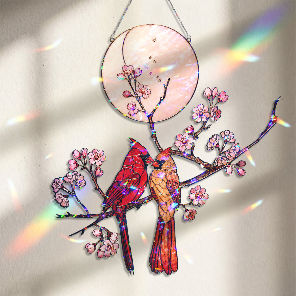 Cardinal Couple & Cherry Blossom Moon Holographic Acrylic Suncatcher