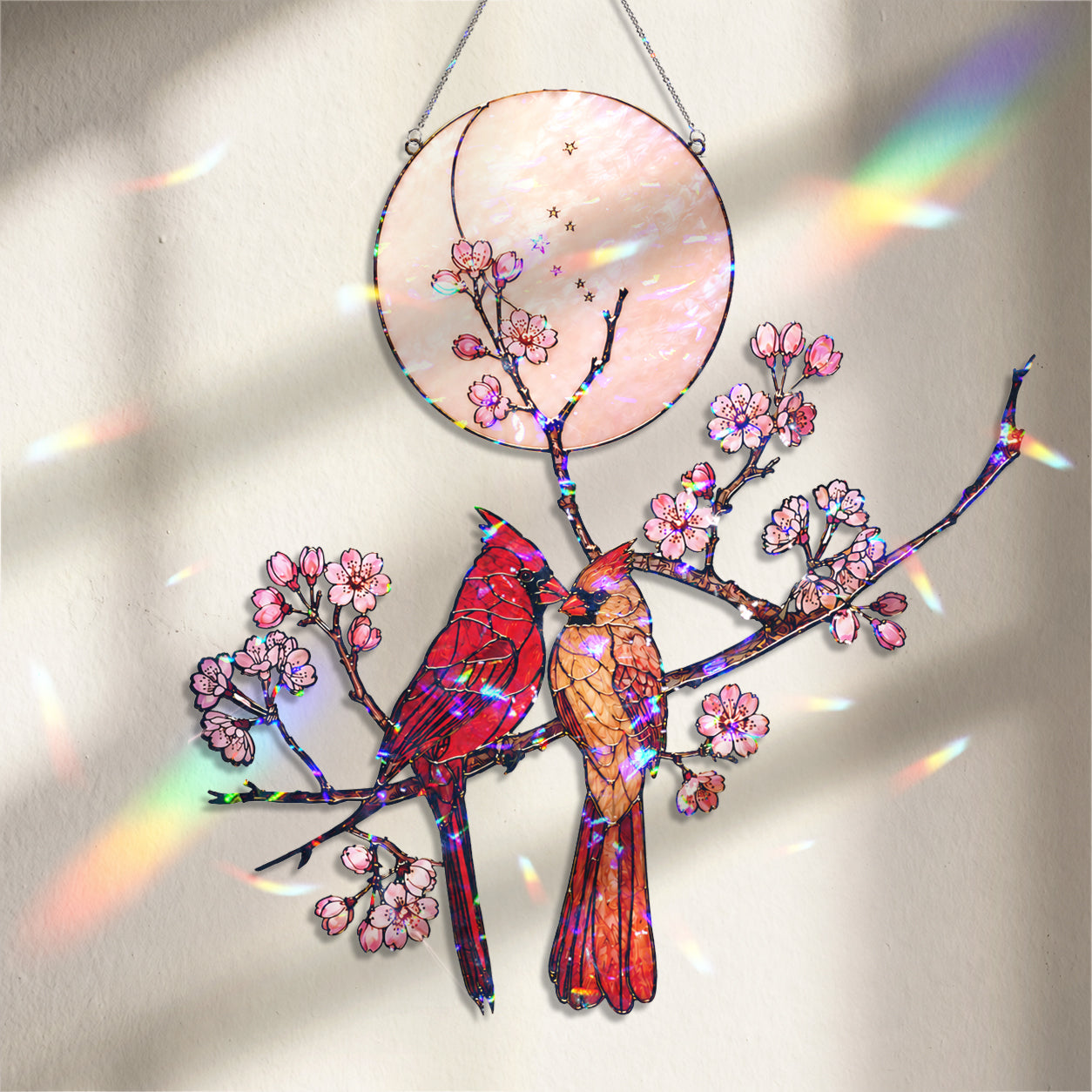 Cardinal Couple & Cherry Blossom Moon Holographic Acrylic Suncatcher