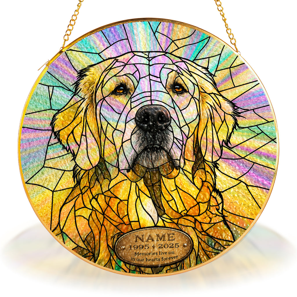 Golden Retriever Memorial Suncatcher hanging in a window