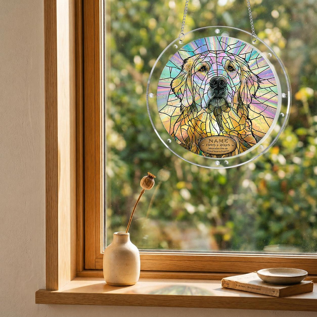 Golden doodle memorial puzzle suncatcher mounted on a clear round acrylic frame