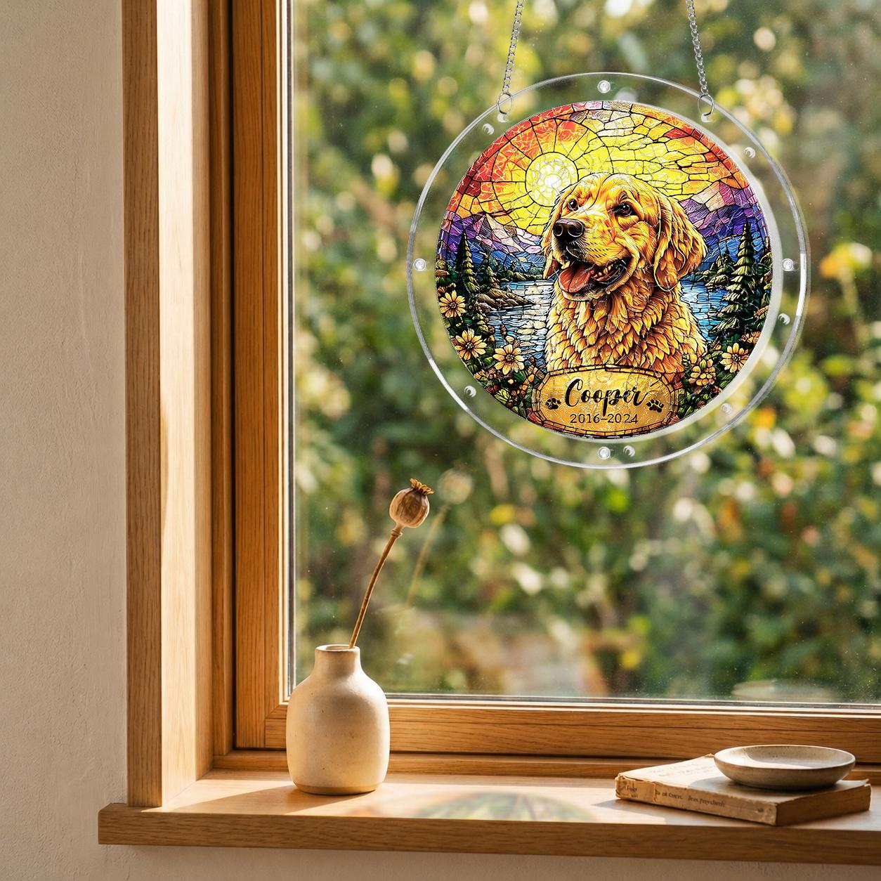 Golden retriever memorial puzzle suncatcher mounted on a clear round acrylic frame