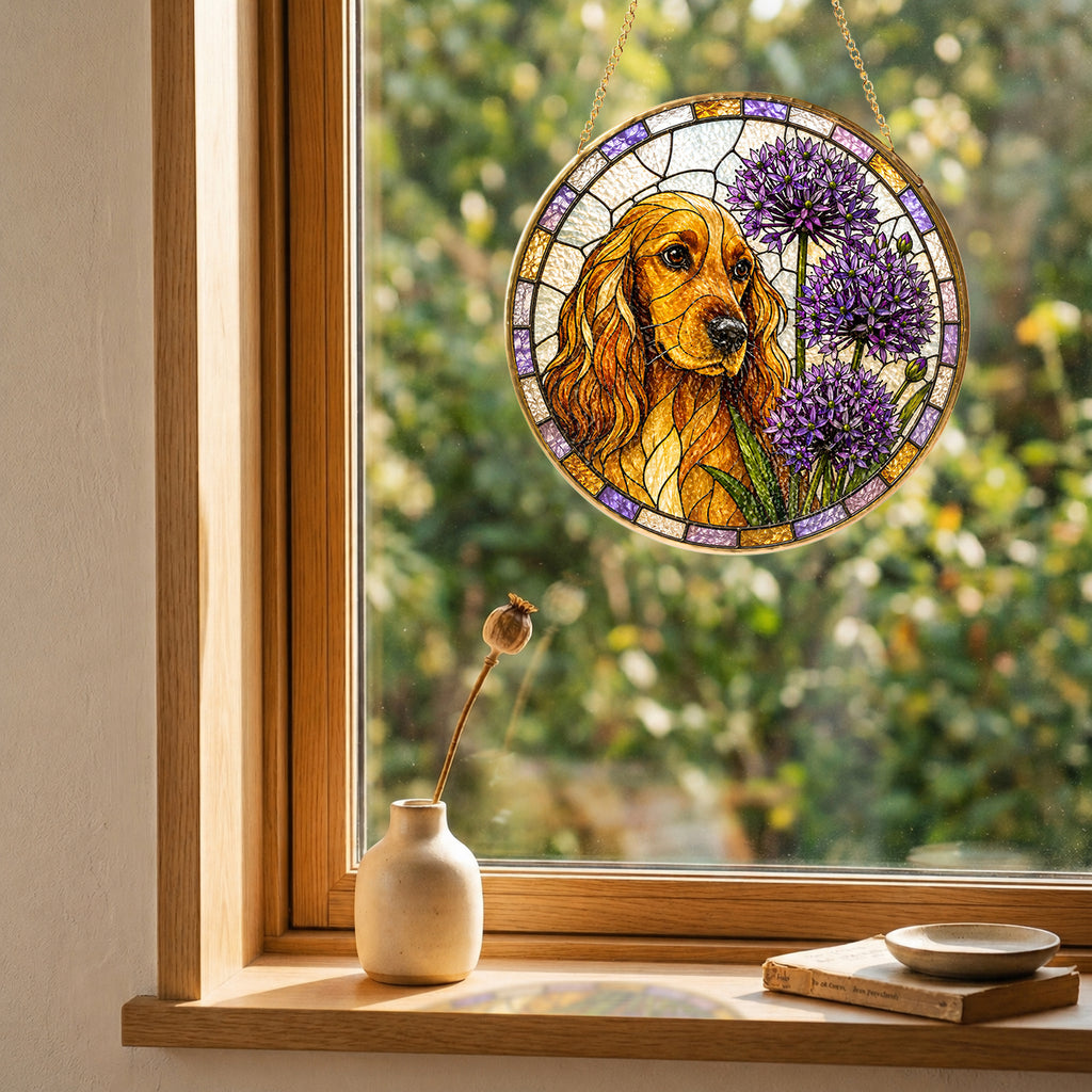 Cocker Spaniel & Allium Suncatcher with gold frame