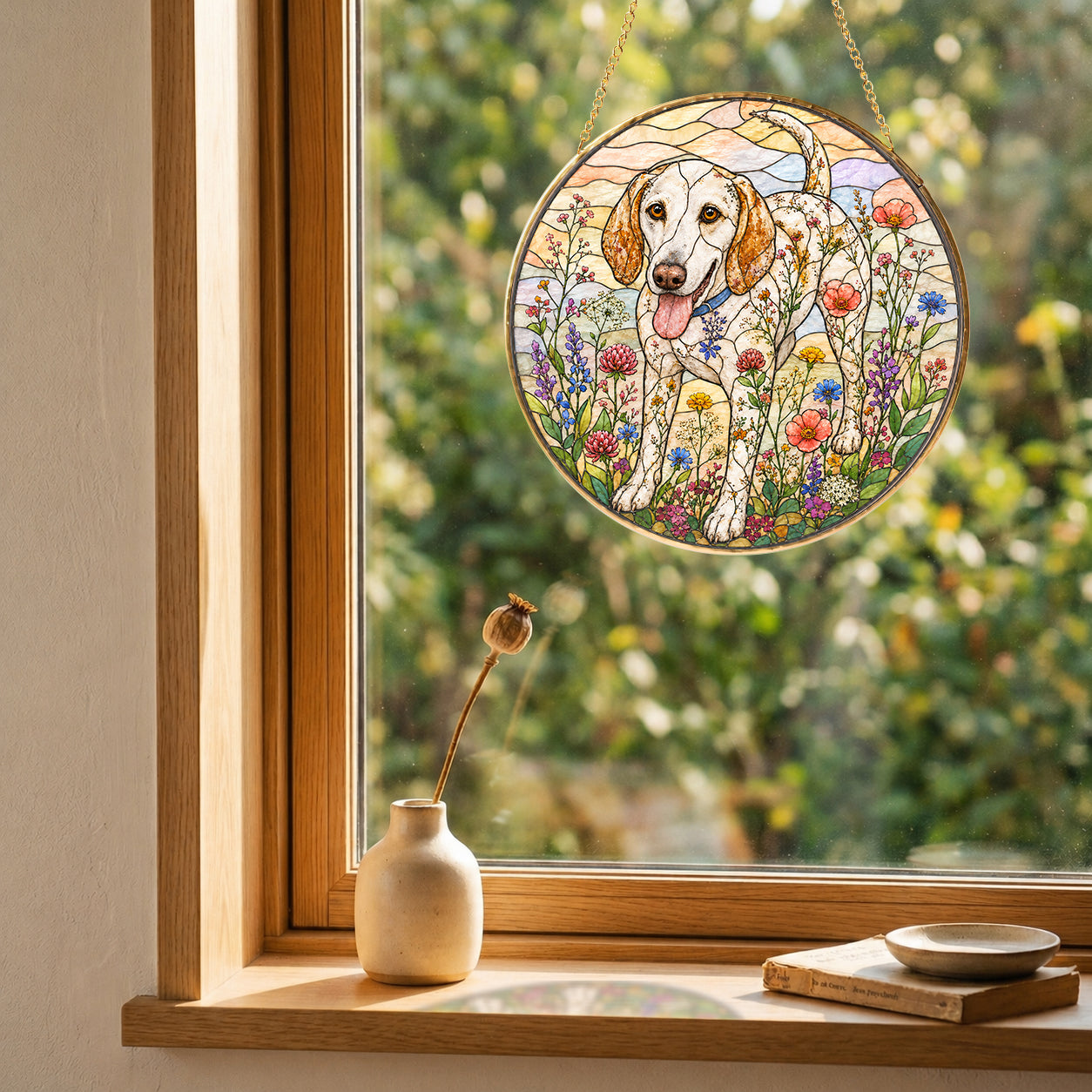 Dog & Wildflowers Stained Glass Suncatcher with gold frame