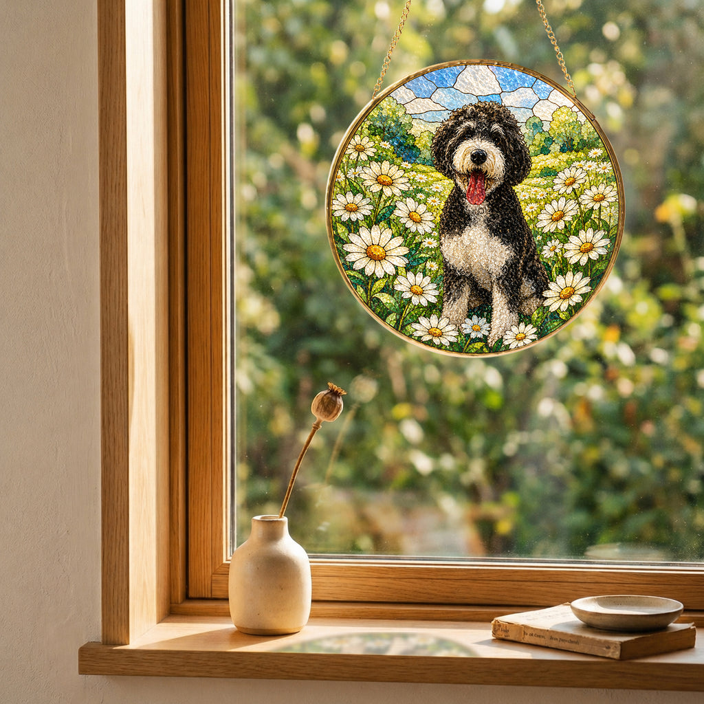 Doodle Dog in Daisy Field Suncatcher detail