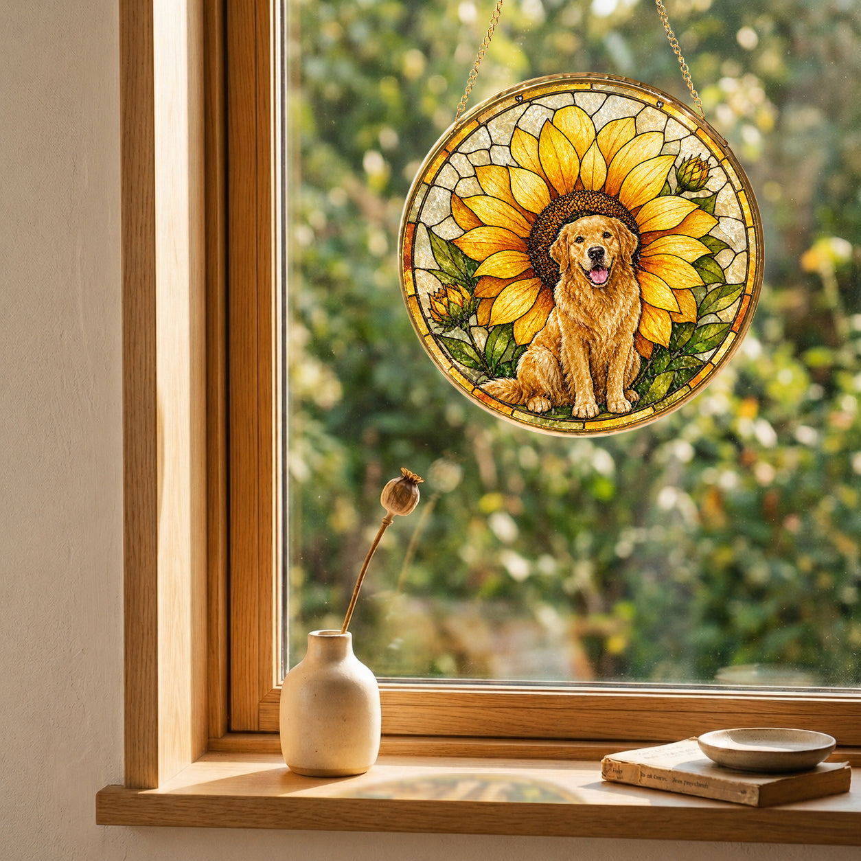 Golden Retriever Sunflower Suncatcher with gold frame