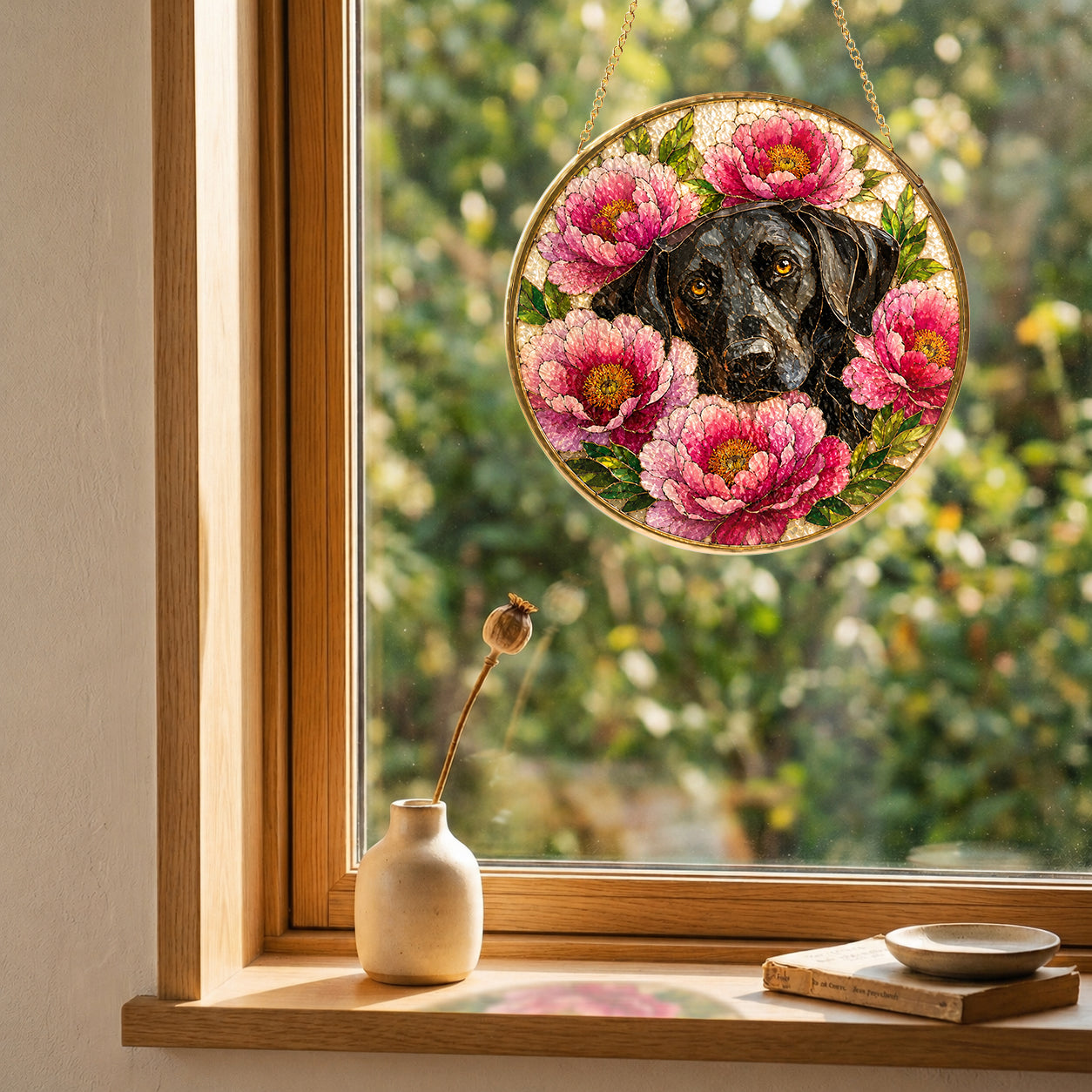 Black Lab & Peonies Glass Suncatcher detail