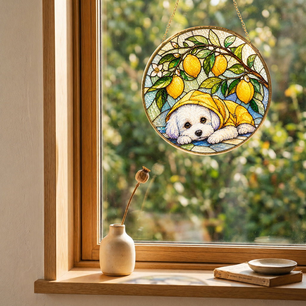 White Puppy & Lemons Glass Suncatcher detail