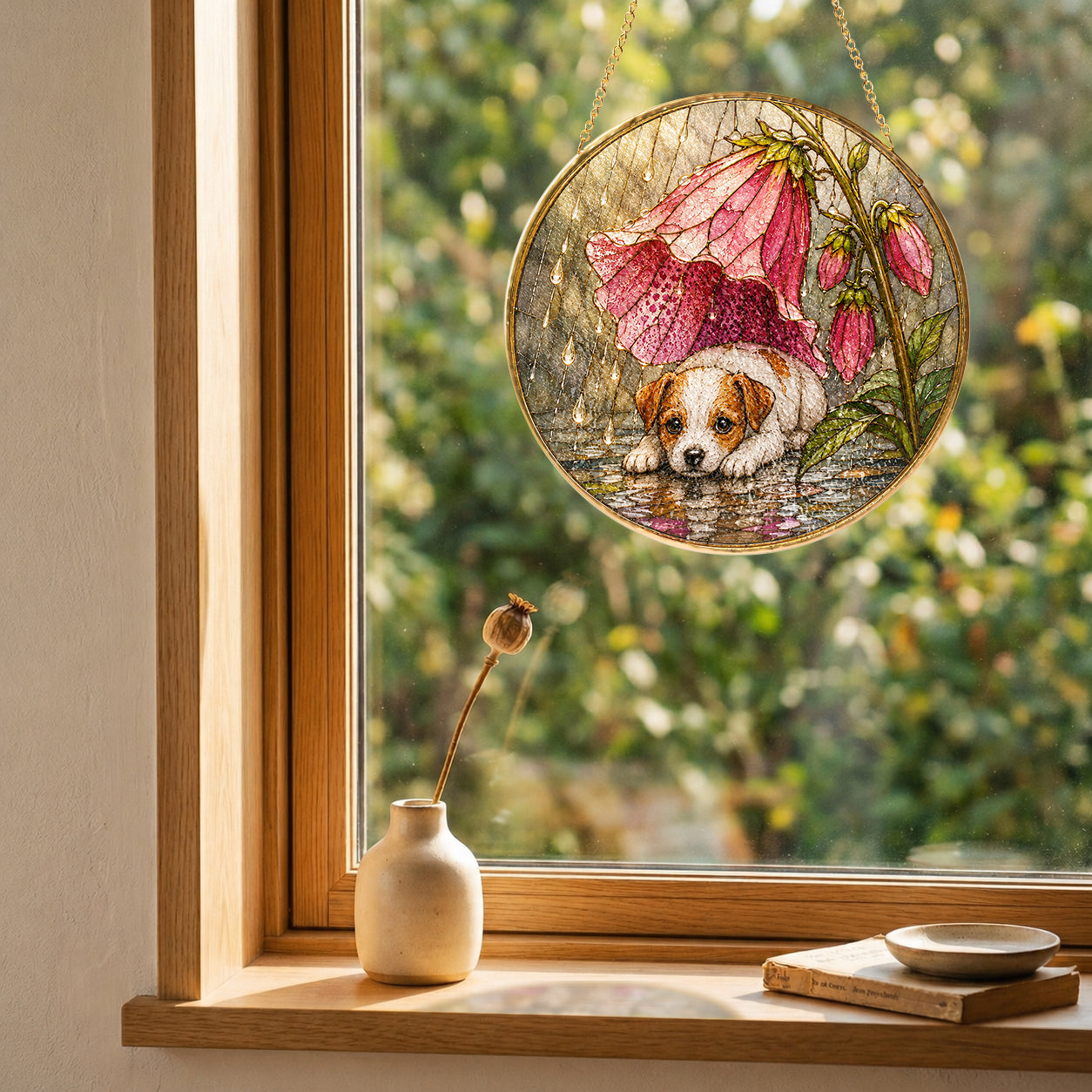 Puppy & Pink Flower Rain Suncatcher detail