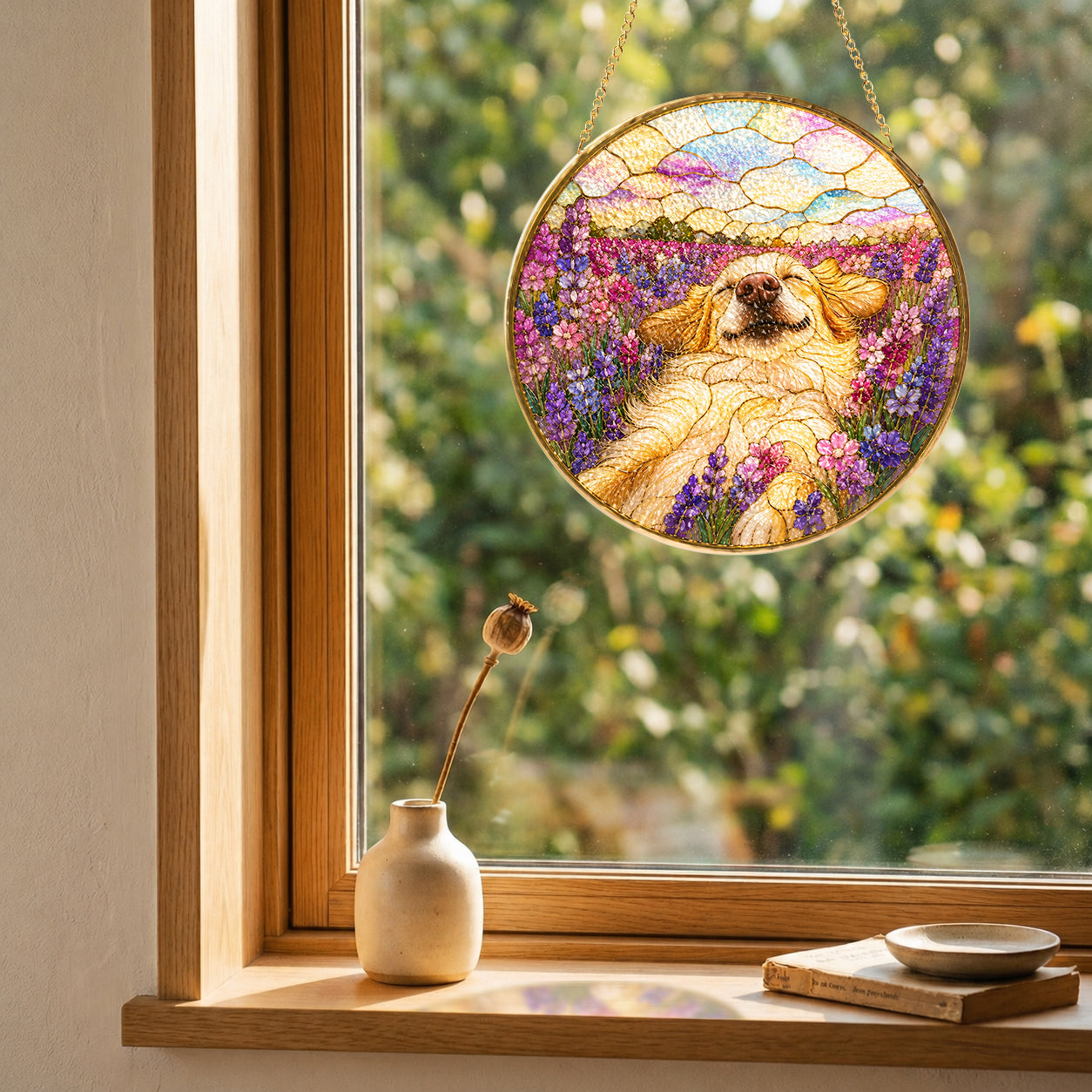 Golden Pup in Lavender Field Suncatcher detail
