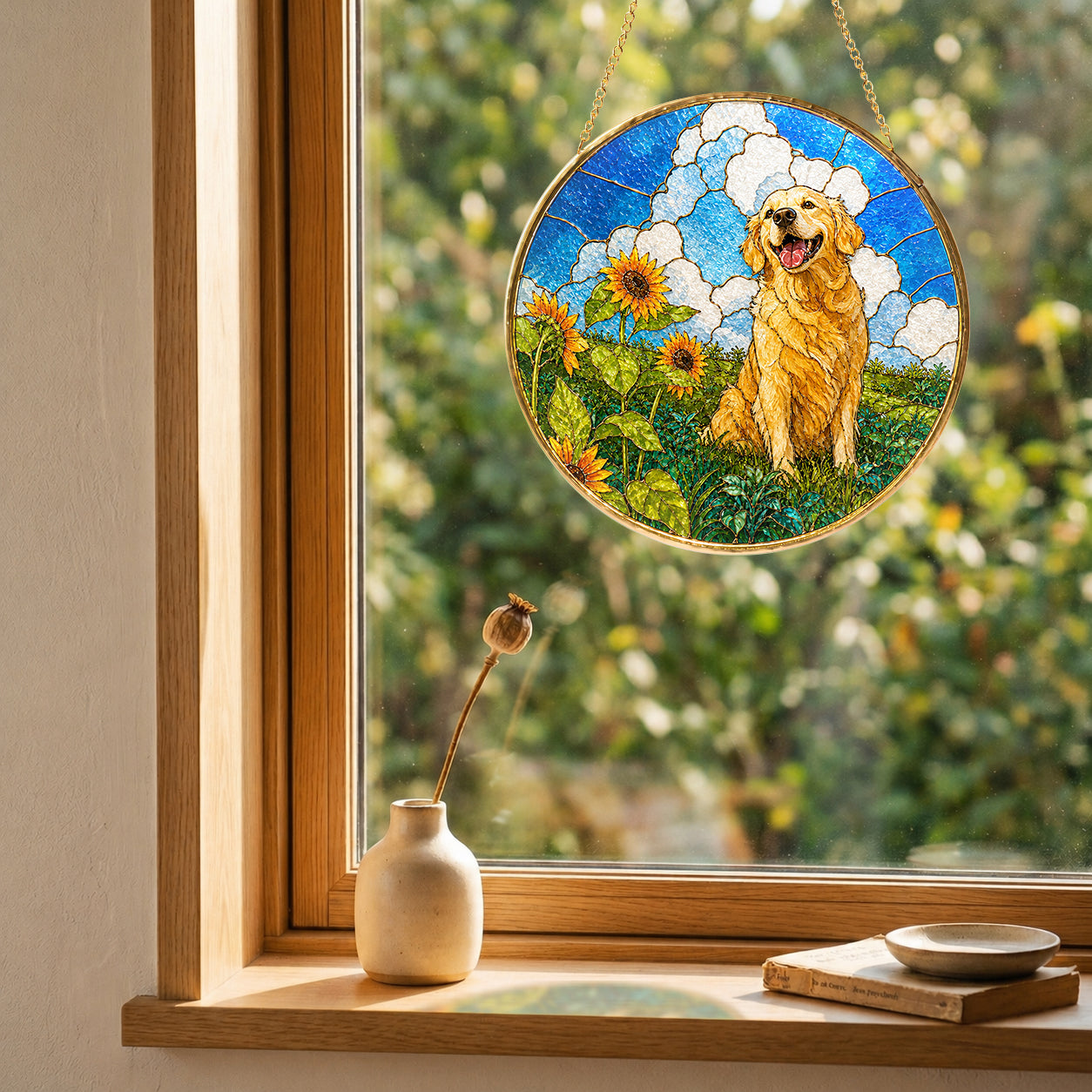 Golden Retriever Sunflower Field Suncatcher detail