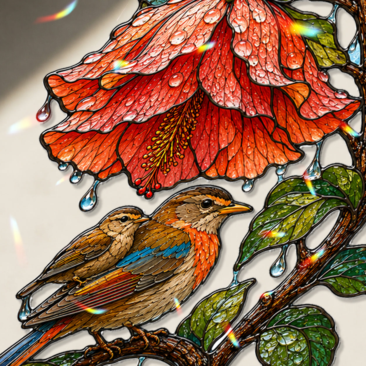 Robin & Red Hibiscus Holographic Acrylic Suncatcher