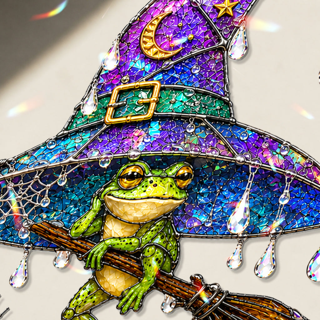 Witch Hat Frog & Broomstick Holographic Acrylic Suncatcher