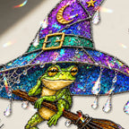 Witch Hat Frog & Broomstick Holographic Acrylic Suncatcher