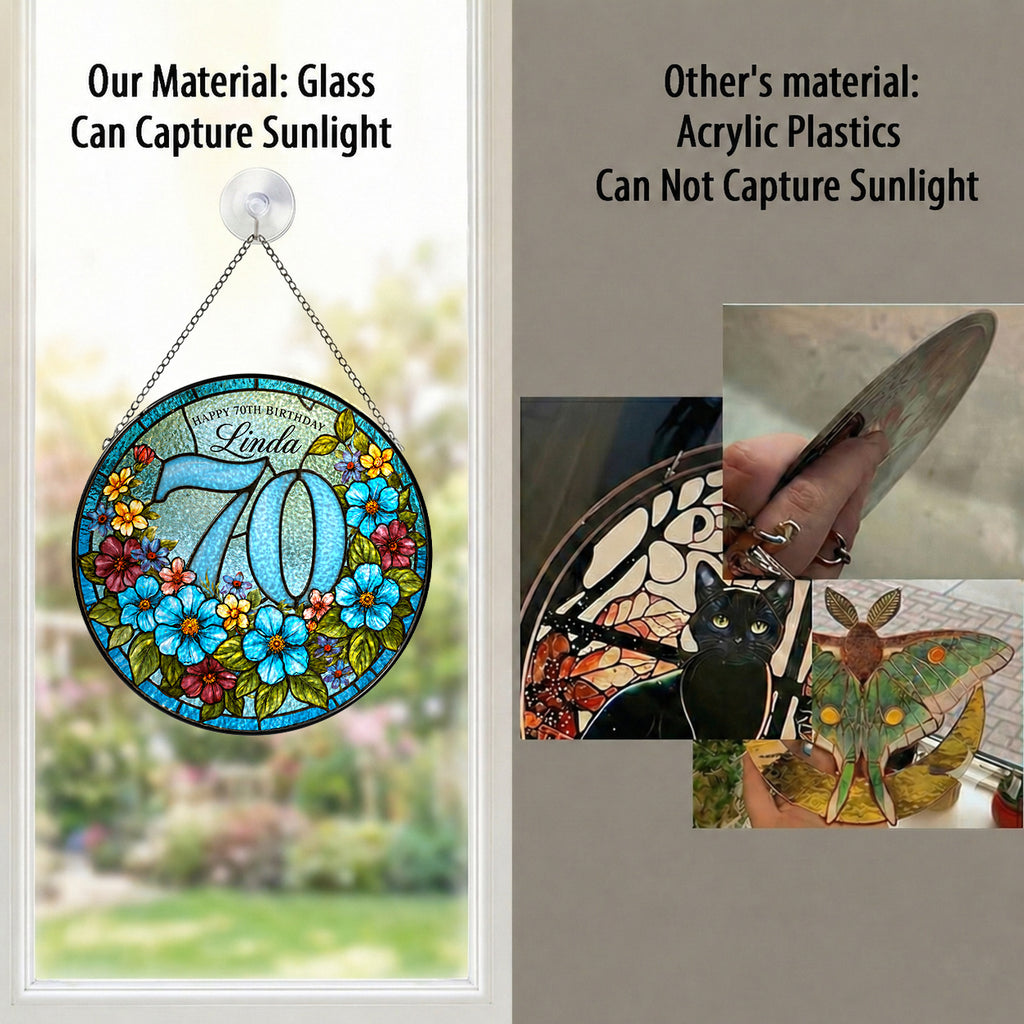 Personalized 70th Birthday Suncatcher – Custom Name Floral Stained Glass Window Hanging Gift