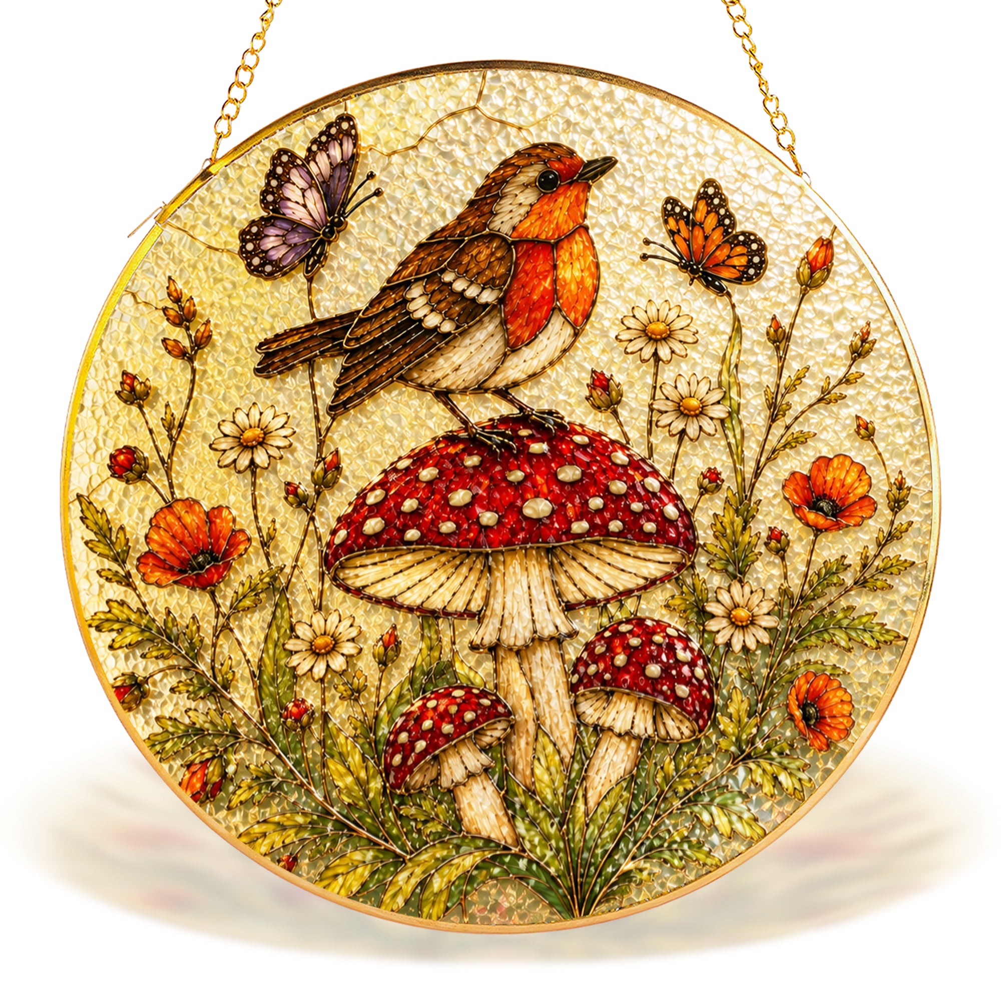 Robin & Mushroom Stained Glass Suncatcher