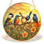 Colorful Birds on a Branch Stained Glass Suncatcher