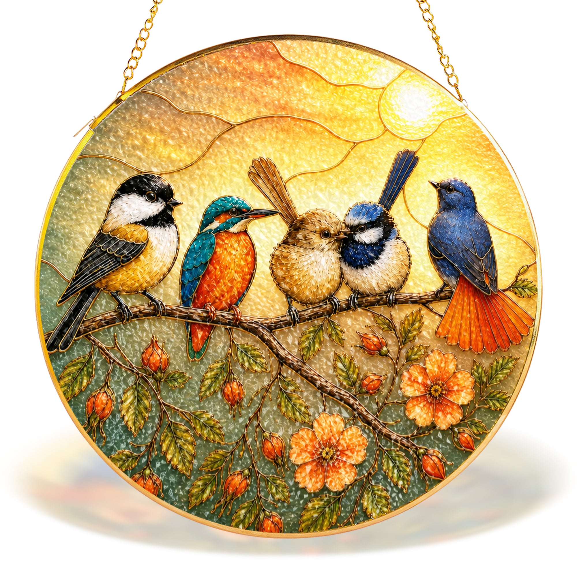 Colorful Birds on a Branch Stained Glass Suncatcher