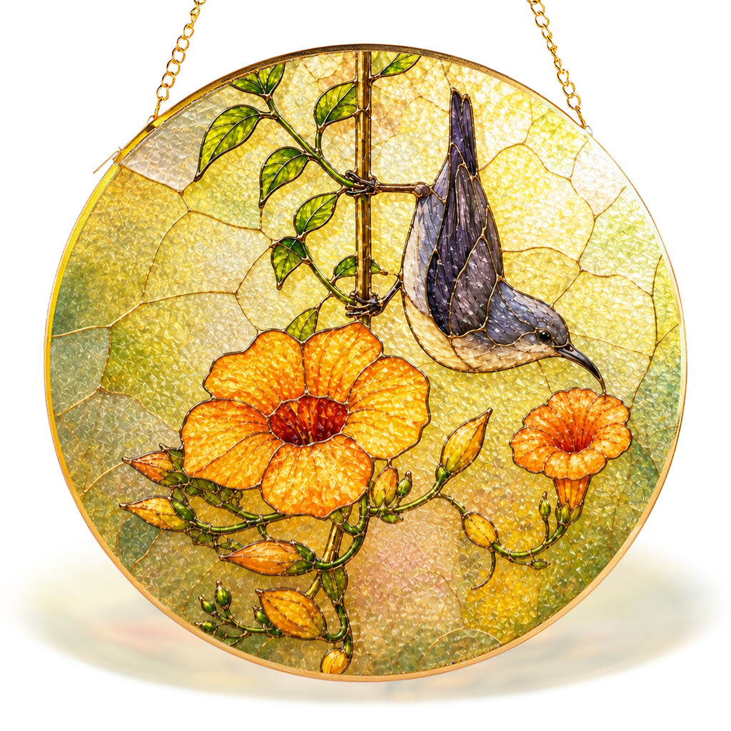 Nuthatch & Trumpet Flower Stained Glass Suncatcher