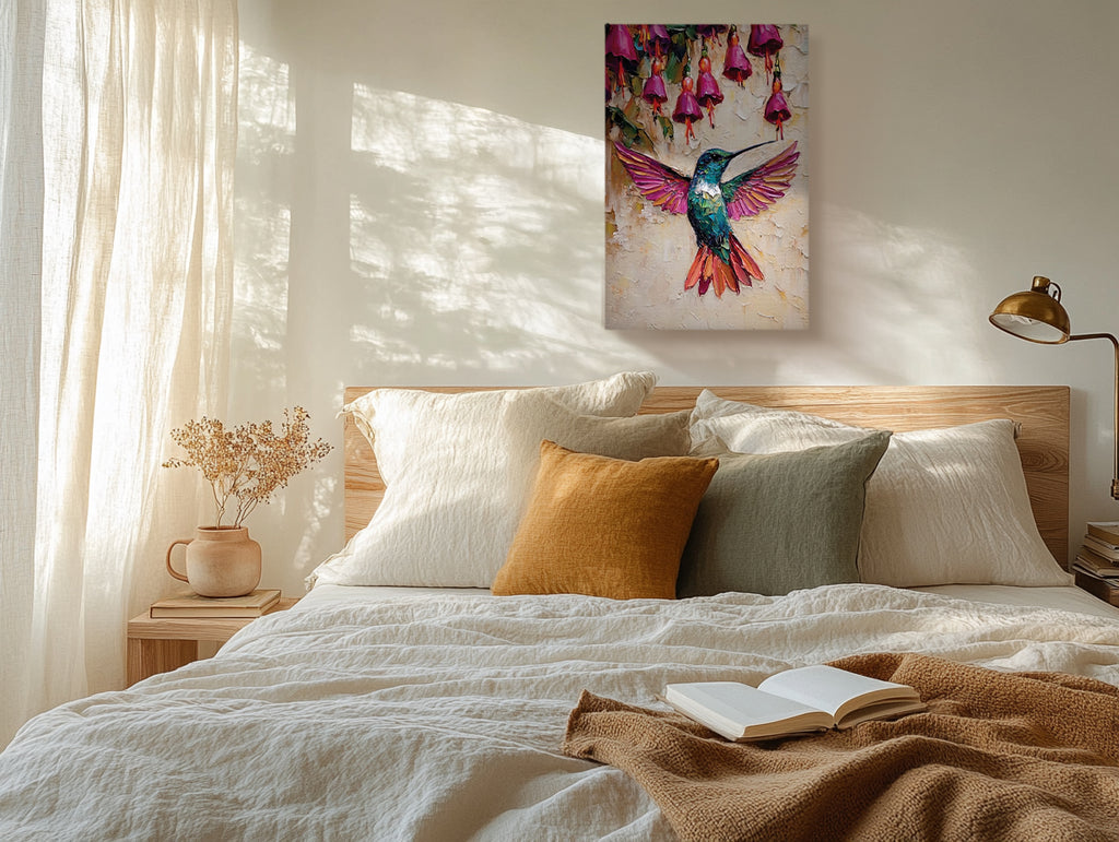 Hummingbird Canvas Wall Art Colorful Painting with Pink Flowers