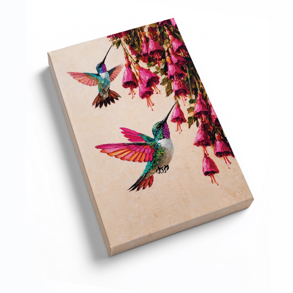 Canvas Wall Art Colorful Hummingbird Painting with Pink Flowers