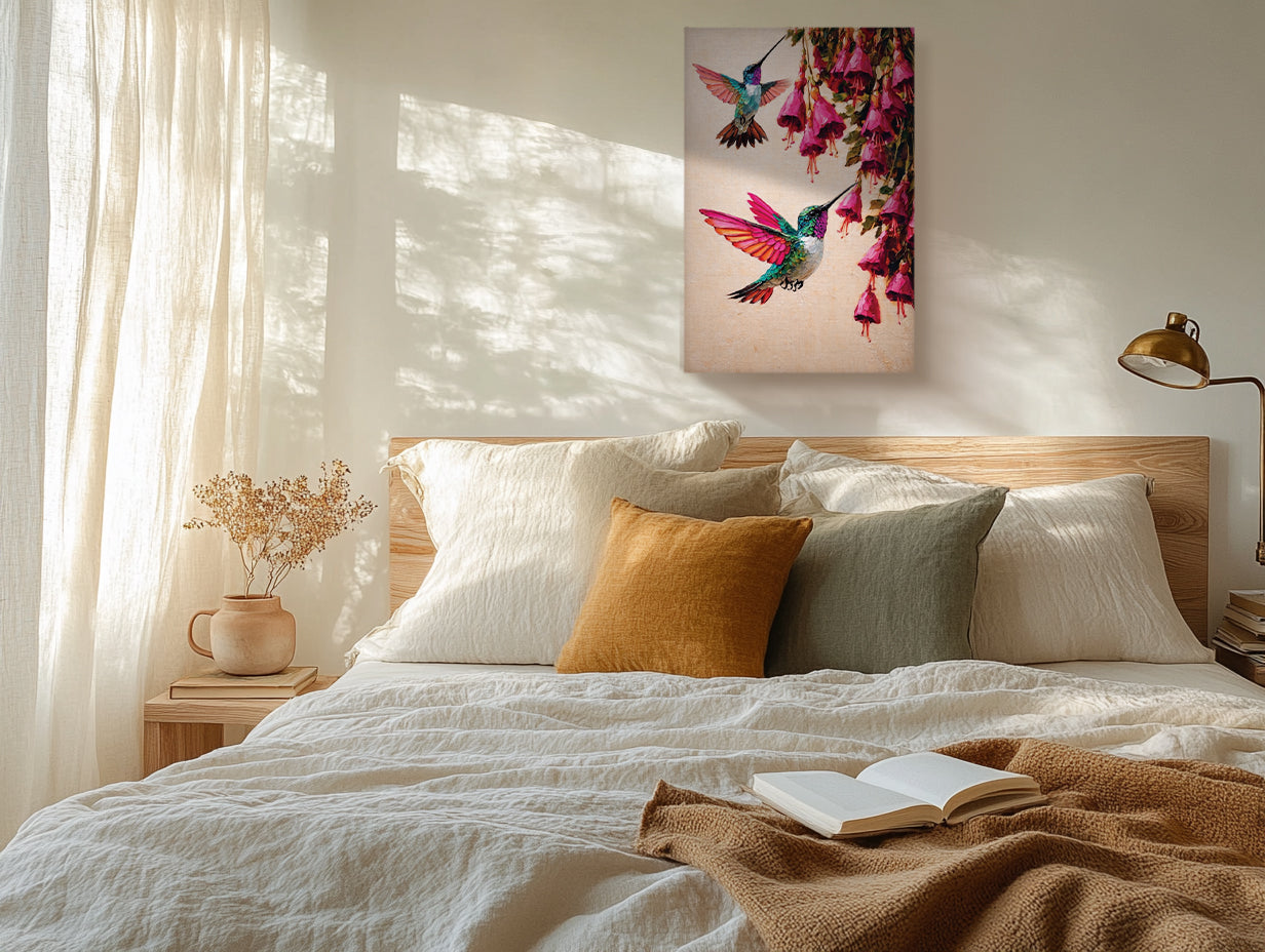 Canvas Wall Art Colorful Hummingbird Painting with Pink Flowers